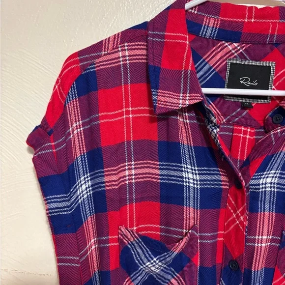 Rails Plaid Shirt Dress Tunic Red Blue Button Front Tie Waist Size Medium - Picture 7 of 9